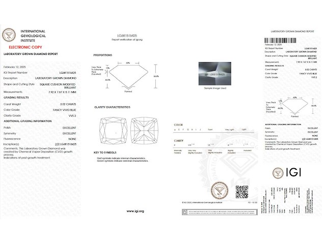 Diamant 3.02 carat kussenvorm geslepen gecertificeerd - afbeelding 3 van  3
