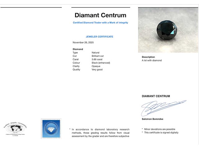 Diamant 3.66 carat natuurlijke zwarte diamant - afbeelding 2 van  2