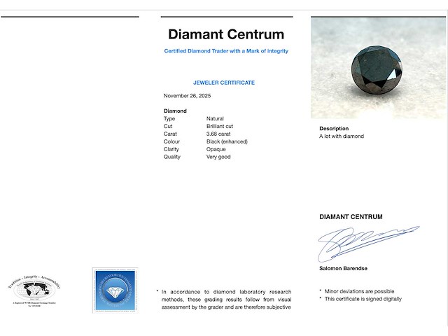 Diamant 3.68 carat echte natuurlijke zwarte diamant - afbeelding 3 van  4
