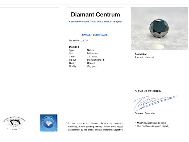 Diamant 3.77 ct briljant geslepen los - afbeelding 1 van  2