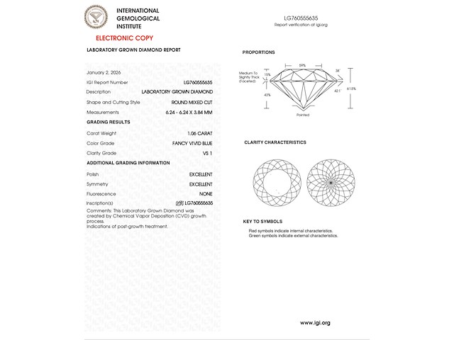 Diamant | exclusive portuguese cut | 1.06ct ( igi gecertificeerd ), fancy vivid blue - afbeelding 3 van  4