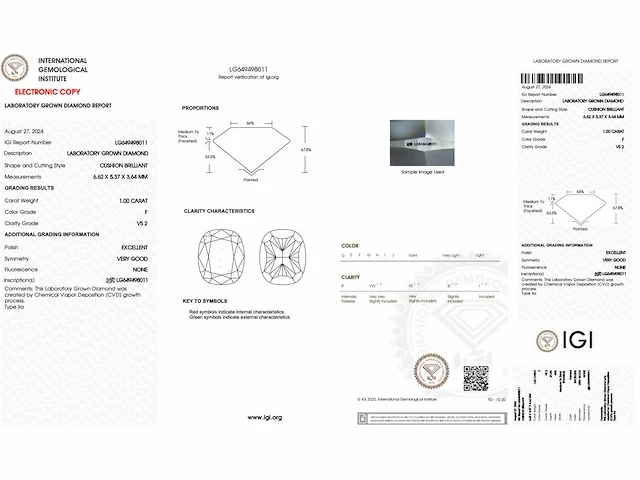 Diamant kussen 1.00 ct igi - afbeelding 3 van  4