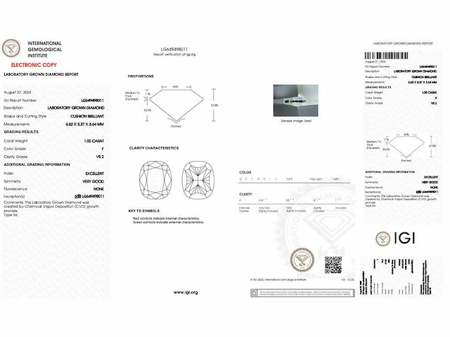 Diamant kussen 1.00 ct igi - afbeelding 4 van  4