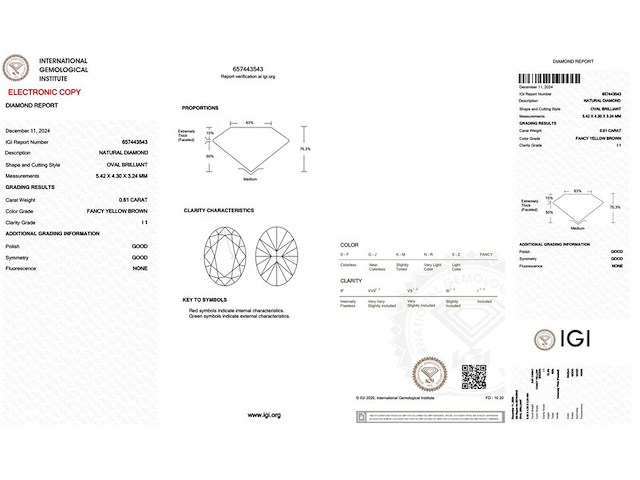 Diamant | ovaal fancy geelbruin| 0.61ct ( igi gecertificeerd ) - afbeelding 5 van  5
