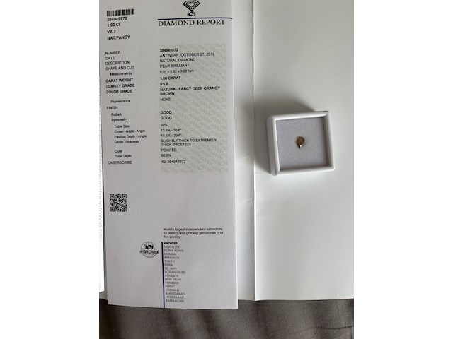 Diamant | pear brilliant | 1.00ct ( igi gecertificeerd ) - afbeelding 5 van  5