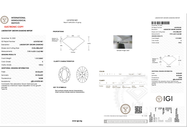 Diamond | oval | 1.10ct ( igi gecertificeerd ) - afbeelding 7 van  7