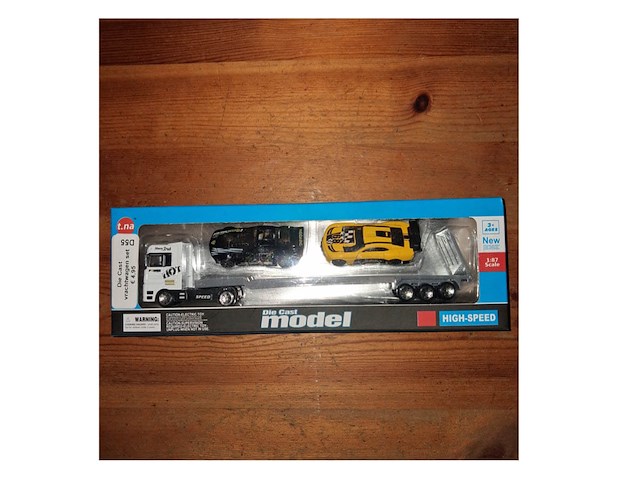 Die cast vrachtwagen met oplegger en 2 auto's vanaf 3 jaar - afbeelding 1 van  3