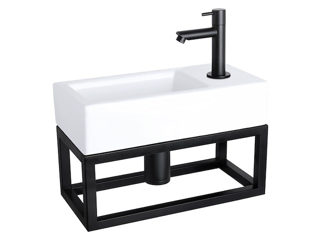 Differnz ravo fonteinset wasbak keramiek wit rechte kraan mat zwart met handdoekrek zwart - afbeelding 1 van  4