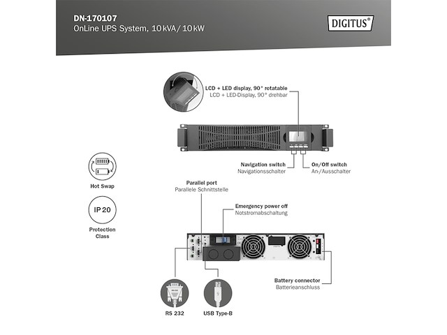 Digitus dn170107 ups dubbele conversie (online) 6 kva 10000w - afbeelding 2 van  6