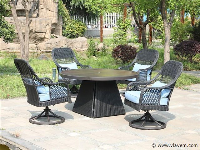 Diningset - 5-delig rond- antraciet wicker + blauwe kussens - afbeelding 1 van  3