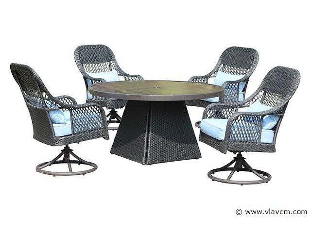 Diningset - 5-delig rond- antraciet wicker + blauwe kussens - afbeelding 2 van  3