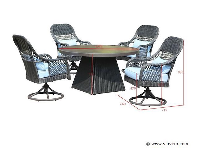 Diningset - 5-delig rond- antraciet wicker + blauwe kussens - afbeelding 3 van  3