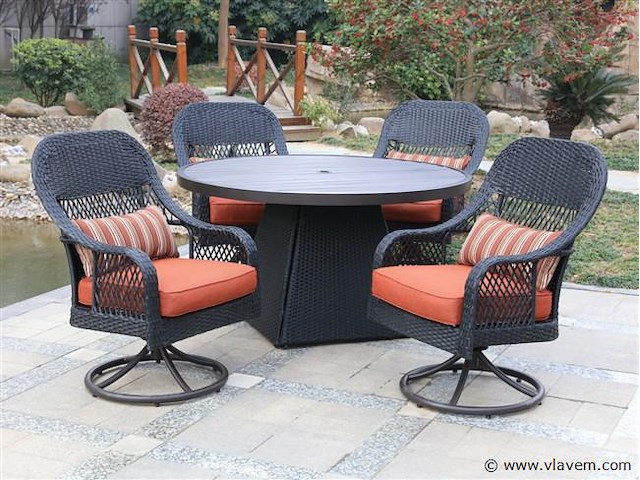 Diningset - 5-delig rond- antraciet wicker + oranje kussens - afbeelding 1 van  3
