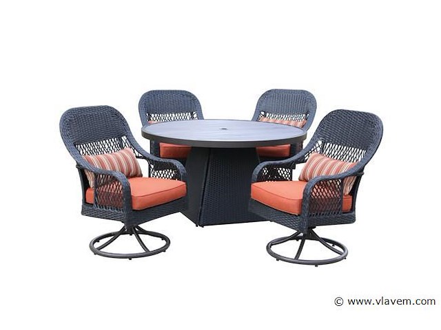 Diningset - 5-delig rond- antraciet wicker + oranje kussens - afbeelding 2 van  3