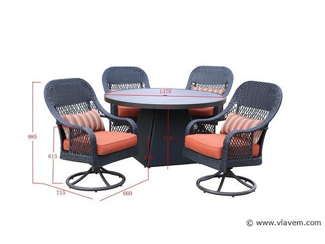 Diningset - 5-delig rond- antraciet wicker + oranje kussens - afbeelding 3 van  3