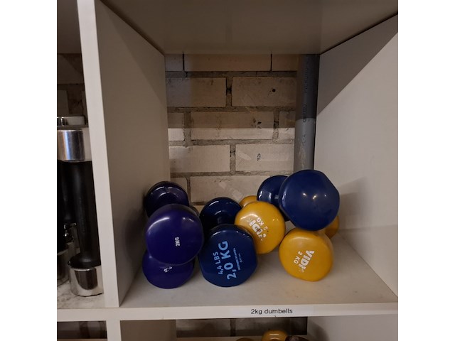 Diverse gymbenodigdheden en gewichten , in vakkenkast - afbeelding 18 van  20