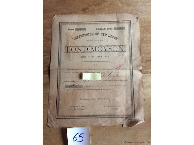 Document - verzekering op het leven 1894 - afbeelding 1 van  4