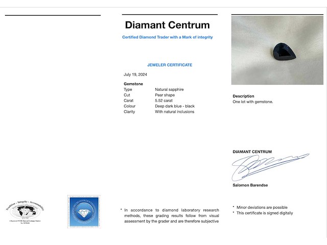 Donkere peer vorm saffier 5.52 carat natuurlijke saffier - afbeelding 3 van  3