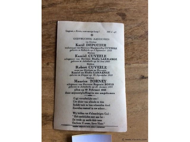 Doodsprentje vissers 1945. - afbeelding 2 van  2