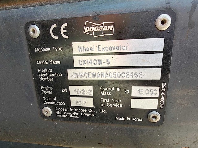 Doosan - 2017 - dx140w-5 - banden graafmachine - afbeelding 5 van  39