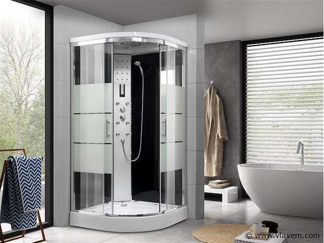 Douchecabine halfrond - witte bodemplaat met zilverkleurig frame 90x90x215 cm - afbeelding 1 van  1