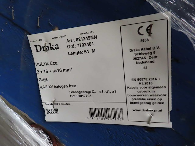 Draka - hulta cca 2x16+as16mm - rol elektrakabel 61m - afbeelding 2 van  2