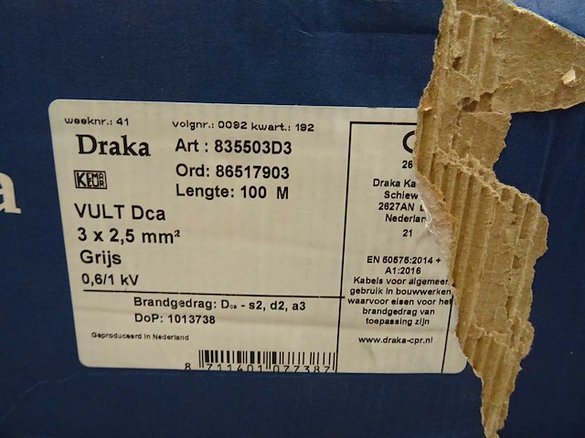 Draka - vult dca 3x2,5mm2 grijs - installatiekabel 100m - afbeelding 2 van  2