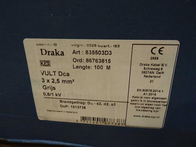 Draka - vult dca 3x2,5mm2 grijs - installatiekabel 100m - afbeelding 2 van  2