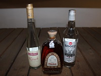 Drie flessen, wodka, miodula en kirsch.