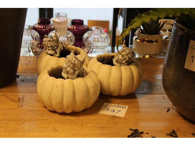 Drie pompoenpotjes met engel. - afbeelding 1 van  2