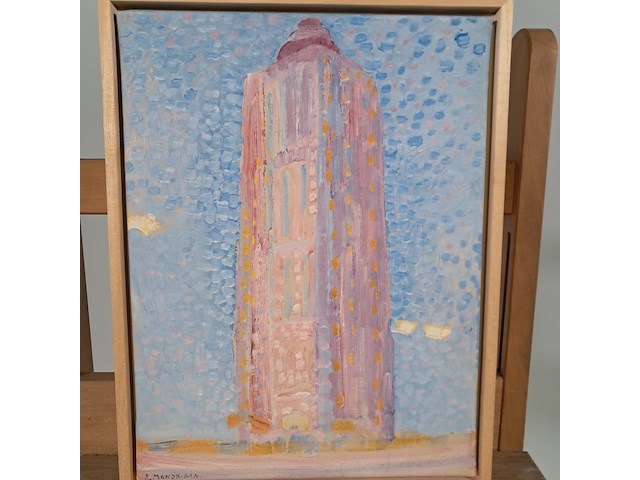 Drukwerk in lijst, reproductie van mondriaan, vuurtoren bij westkapelle - afbeelding 2 van  4