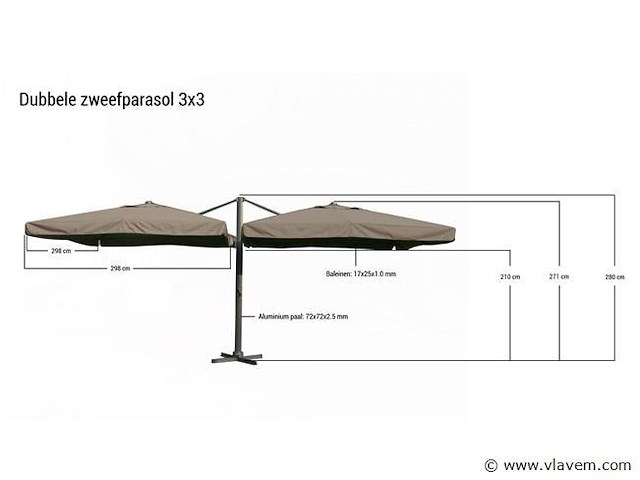Dubbele hangende parasol donkergrijs (2 * 300x300cm) - afbeelding 2 van  3