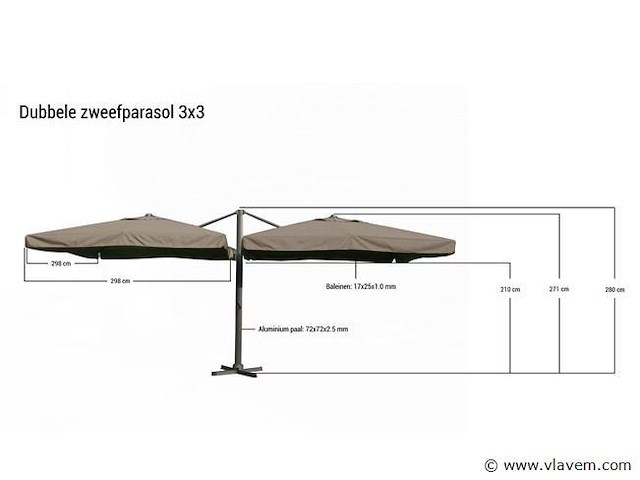Dubbele hangende parasol oranje (2 * 300x300cm) - afbeelding 2 van  3