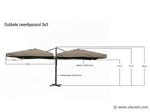 Dubbele hangende parasol taupe / sandy (2 * 300x300cm) - afbeelding 2 van  3