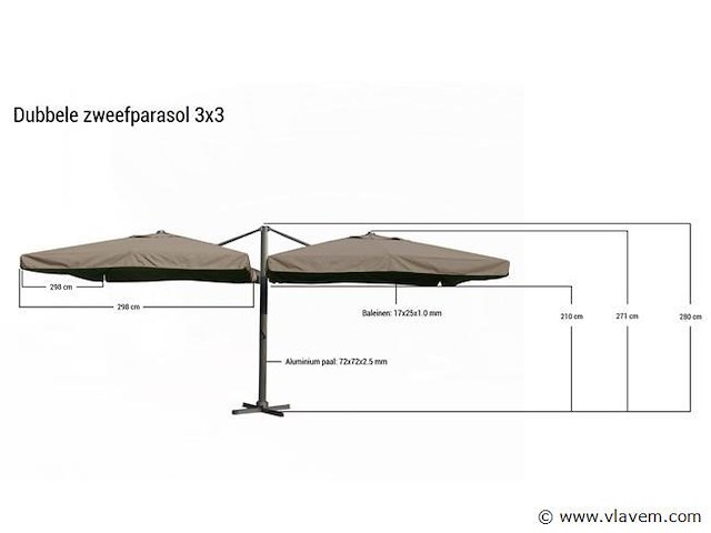 Dubbele hangende parasol wit (2 * 300x300cm) - afbeelding 2 van  3