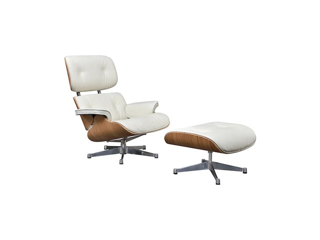 Eames lounge chair xl met ottoman in eiken en echt wit leer replica, eiken / wit - afbeelding 1 van  6