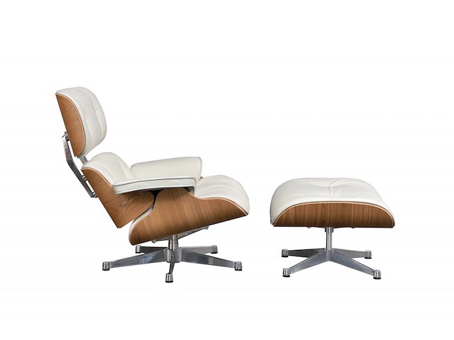 Eames lounge chair xl met ottoman in eiken en echt wit leer replica, eiken / wit - afbeelding 2 van  6