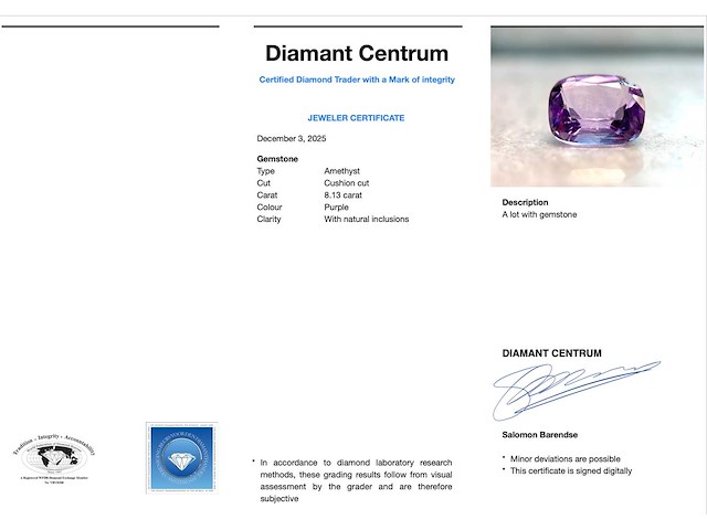 Edelsteen - 8.13 carat paarse natuurlijke amethist - afbeelding 3 van  4