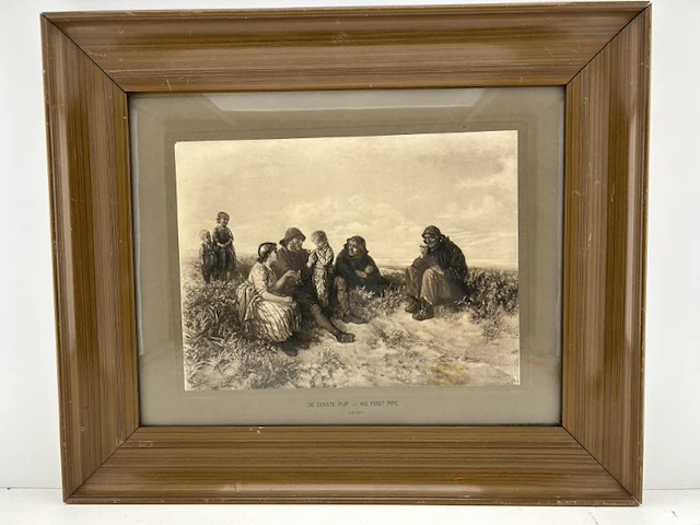 Een klassieke ingelijste reproductie/fotogravure naar het beroemde schilderij van jozef israã«ls, met de titel "de eerste pijp / his first pipe - afbeelding 1 van  9