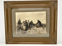 Een klassieke ingelijste reproductie/fotogravure naar het beroemde schilderij van jozef israã«ls, met de titel "de eerste pijp / his first pipe - afbeelding 1 van  9