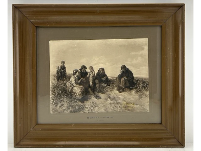 Een klassieke ingelijste reproductie/fotogravure naar het beroemde schilderij van jozef israã«ls, met de titel "de eerste pijp / his first pipe - afbeelding 4 van  9