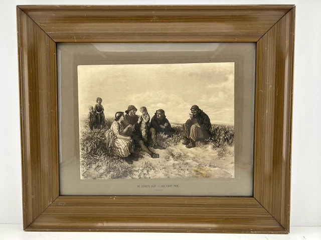 Een klassieke ingelijste reproductie/fotogravure naar het beroemde schilderij van jozef israã«ls, met de titel "de eerste pijp / his first pipe - afbeelding 7 van  9
