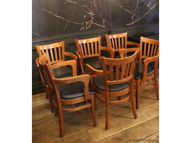 Eetkamerstoelen met armleuning, hout/leder bekleed - 6 stuks - afbeelding 1 van  5