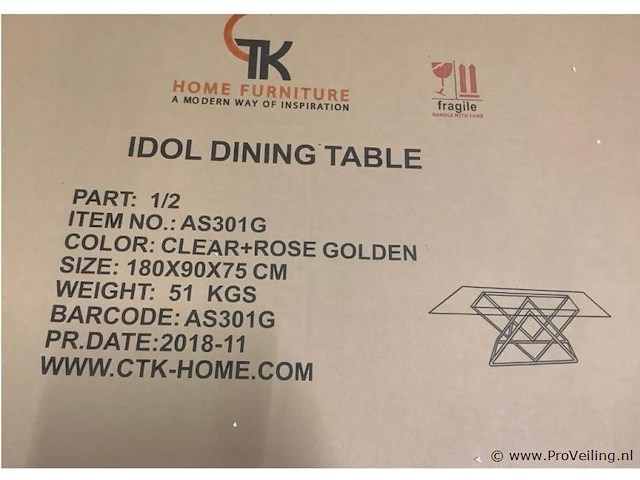 Eetkamertafel 180x90x75, rosé golden / clear, metaal / glas - afbeelding 2 van  3