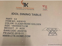 Eetkamertafel 180x90x75, rosé golden / clear, metaal / glas - afbeelding 2 van  3