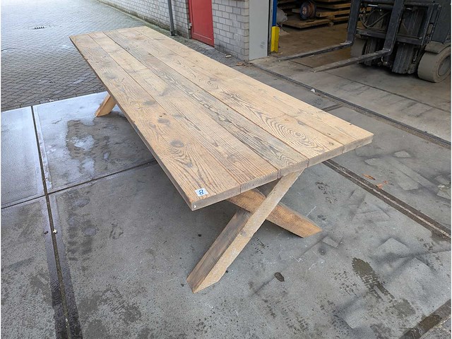 Eetkamertafel oud grenen met houten x poot 320 x 80 cm - afbeelding 1 van  2