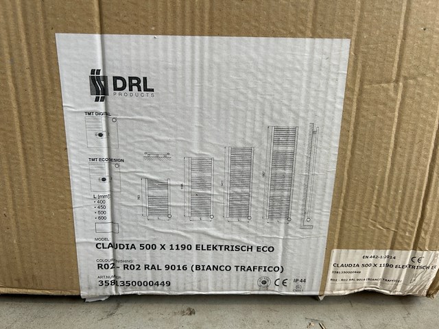 Elektrische design radiator 500x1190 drl, claudia, ral 9016 - afbeelding 2 van  3
