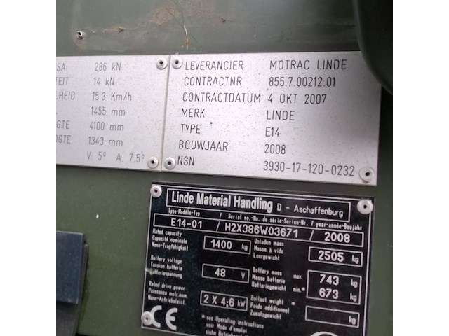 Elektrische heftruck, linde, e14, 2008 - afbeelding 14 van  29