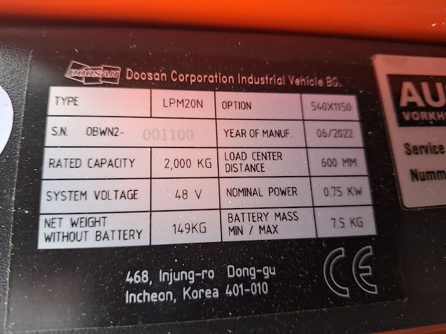 Elektrische palletwagen dosan, lpm20n, bouwjaar 2022 - afbeelding 14 van  15