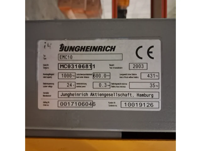 Elektrische palletwagen, jungheinrich, emc10, geel, 2003 - afbeelding 7 van  7